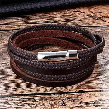 

Men Bracelets Punk Leather Bracelet Stainless Steel Magnetic Buckle Fashion Bangle Cowhide Braided Rope Chain Women Gifts