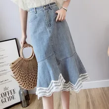 Летняя уличная одежда большого размера в виде листьев лотоса, женская джинсовая юбка в виде рыбьего хвоста, кружевная отделка, Длинная женская юбка с высокой талией