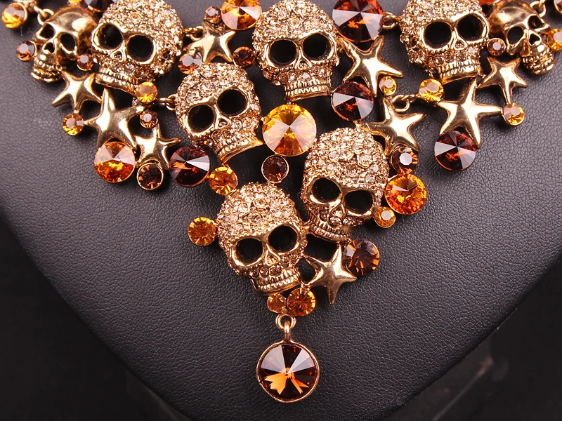Винтажные Хрустальные черепа ювелирные наборы панк ожерелье серьги ретро звезды Скелет ювелирные изделия Аксессуары для вечеринки в стиле Хэллоуин для женщин