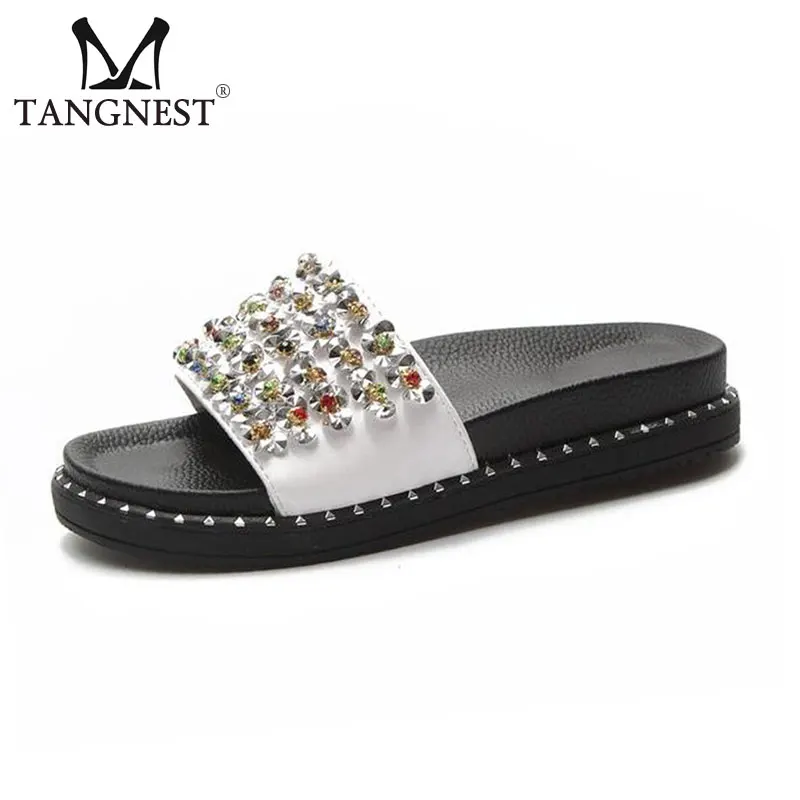 Tangnest Brand Luxury Crystal Women's Slippers Fashion Pu Leather Slip on Platform Sandals 
