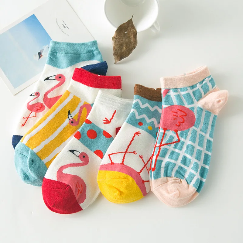 

1Pair/lot New Summer Spring Style Casual Cotton Socks Cartoon Flamingos Boat Socks For Women Girls Slippers Ankle Meias A106