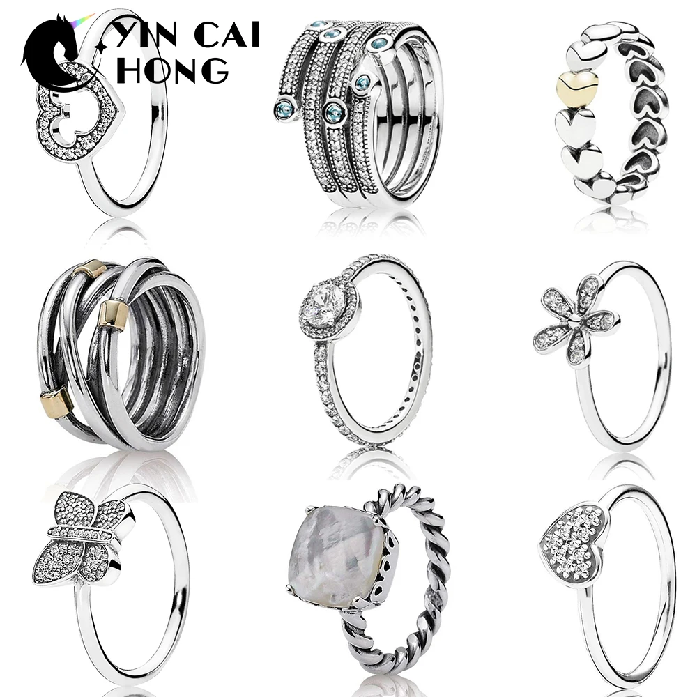 

YCH 100% 925 Sterling Silver 1:1 Limited Edition Sparkling Butterfly Ring Dazzling Daisy Rope Bands Ring Clear Pave Heart Ring