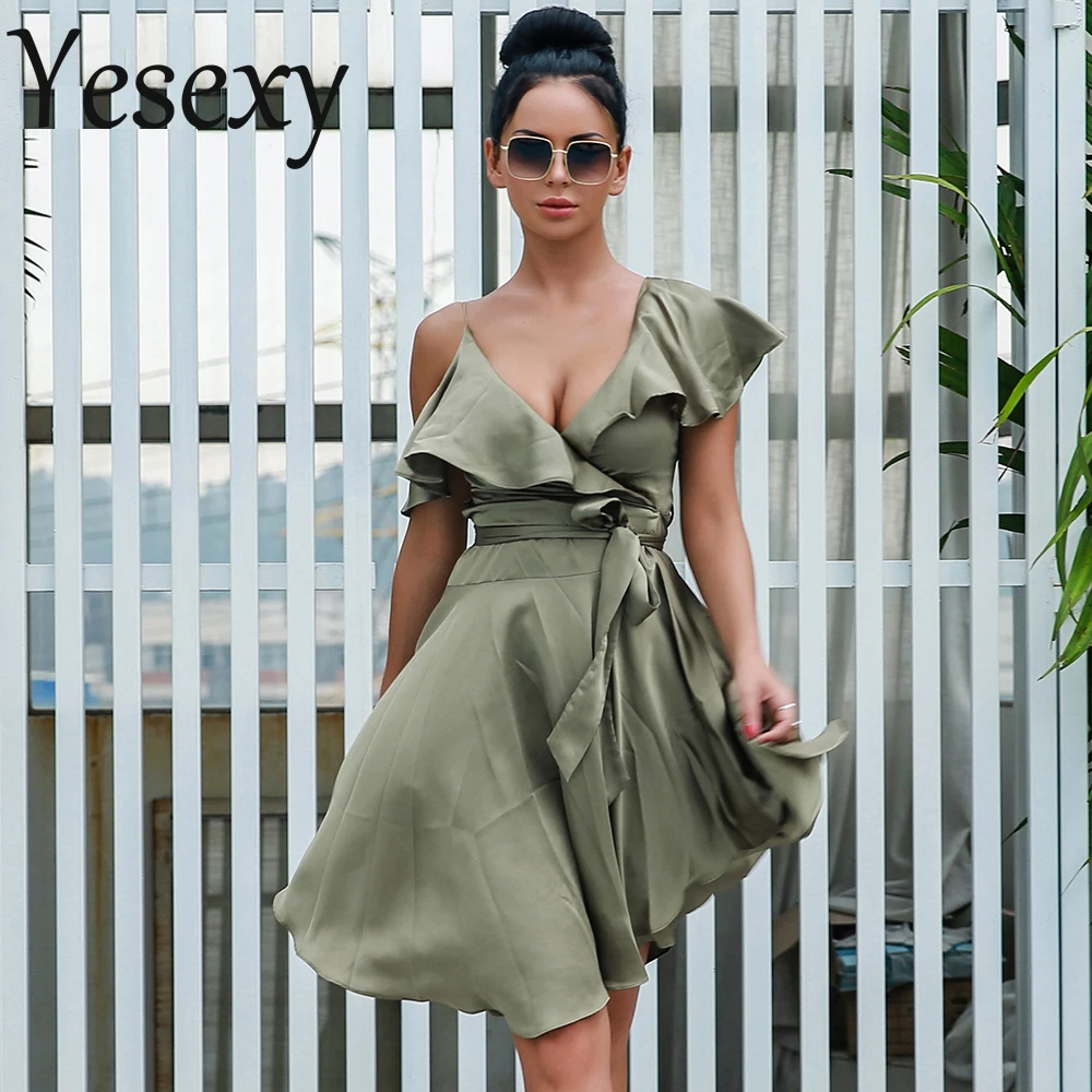 

Yesexy 2019 Sexy Women One Off Shoulder Deep V Mini Sashes Elegant Dress VR18384