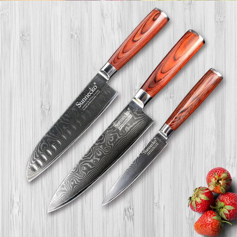 

SUNNECKO 3PCS Kitchen Knives Set Japanese VG10 Damascus Steel Santoku Utility Chef Cutter Knife Pakka Wood Handle Cooking Tools