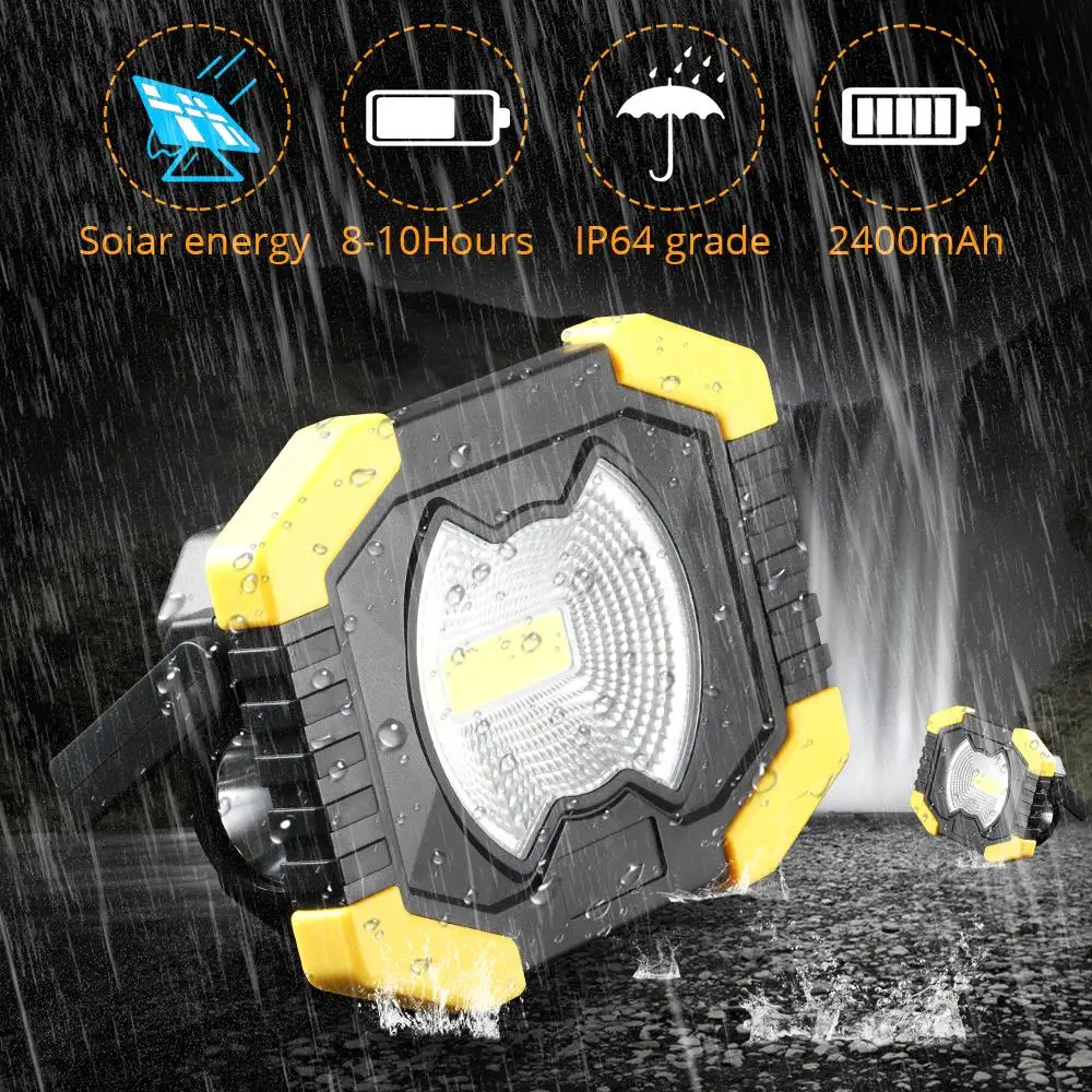 

Solar Light Portable Work Spotlignt Built-in 2400mAh Camping Light Lantern USB Rechargeable COB LED Flashlight Searchlight