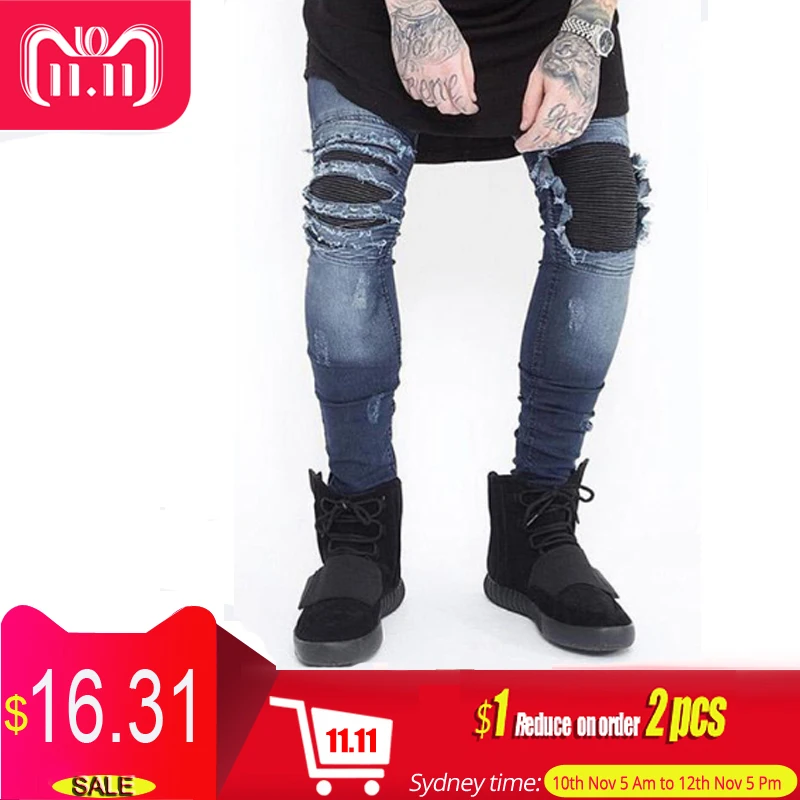 Skinny Jeans Men Ripped White Black Slim Stretch Hole Distressed Mens Biker Jeans Medium Wash Streetwear Hip Hop Pants Jogger