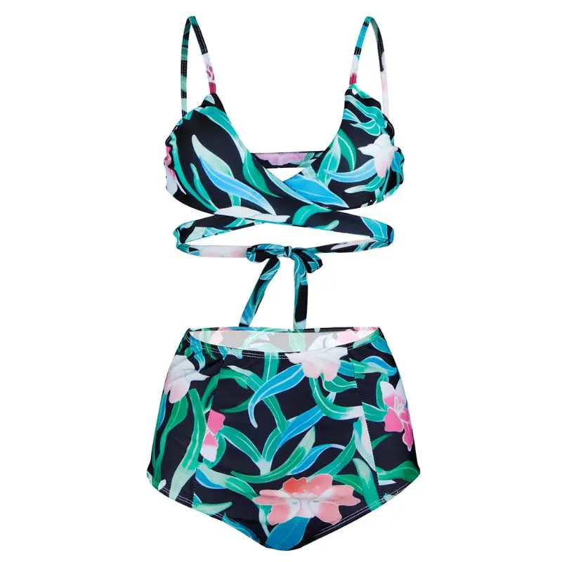 

Womens Sexy Two Piece Bikini Set Deep V-Neck Criss Cross Bandage Wrap Front Swimsuit Boho Colored Floral Printed High Waist Tumm