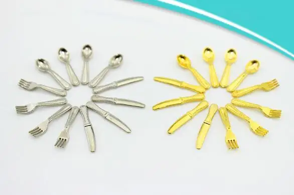 12pcs set Mini Cutlery Knife Fork Spoon Vintage Miniatures Tableware Childrens Toy House Decor