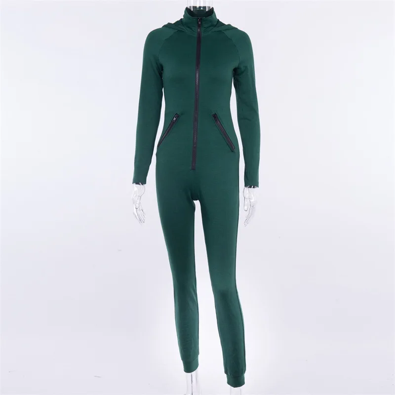 2018 Women Green Zipper Hooded Jumpsuits Solid Autumn  Slim Sexy Hoodies Casual  Pockets Long Sleeve Playsuits