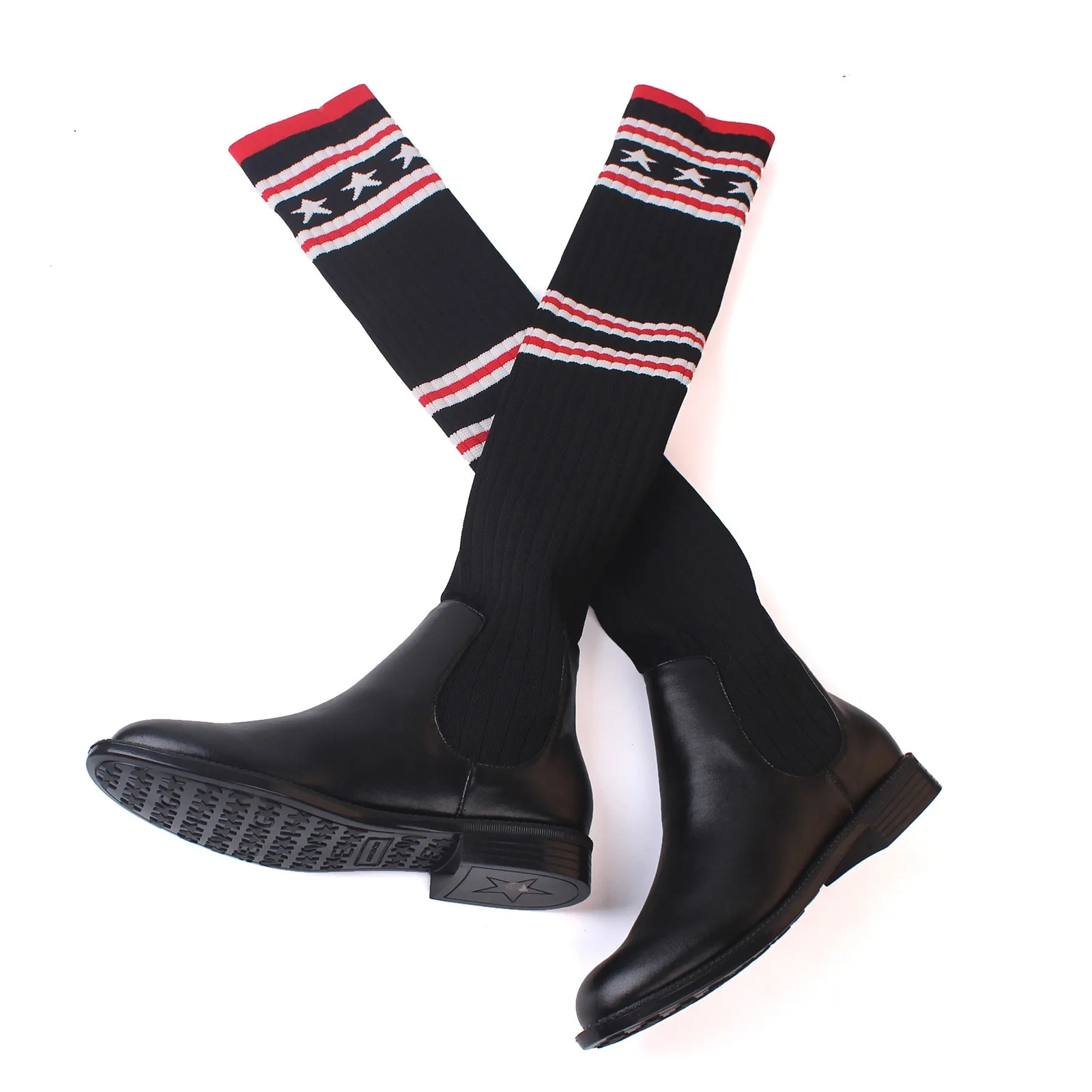 

Women Low Heels Real Genuine Leather Shoes Elegant Knee-High Boots Spring Autumn Footwear Knitting Socks Long Boots CN-A0007