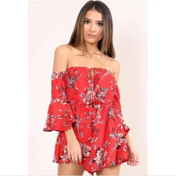 

2017 Fashion Off shoulder print jumpsuit romper women High waist chiffon sexy playsuits summer overalls