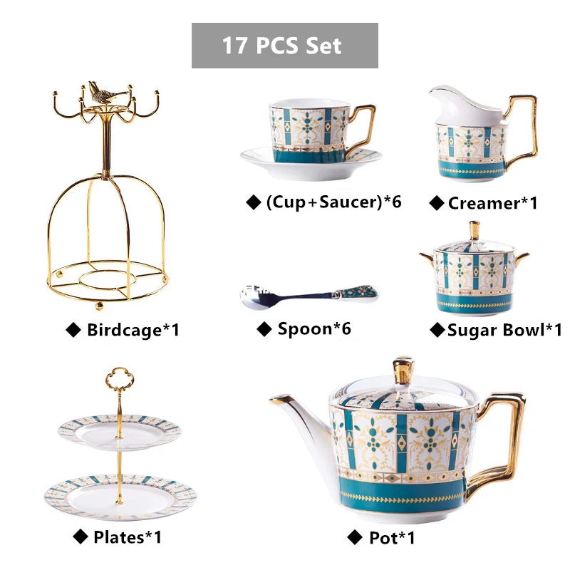 17PCS Set Роскошный чайный сервиз из костяного фарфора с золотым покрытием, современный чайный сервиз, керамическая кружка, сахарница, сливочник, чайный горшок, молочный кувшин - Цвет: 17PCS Set