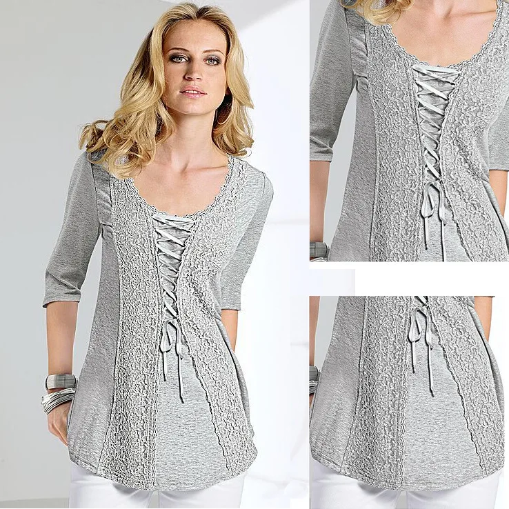 

2018 Spring and Autumn Boutique Fashion Trend Women's Lace Print Round Neck Seven-point Sleeves Slim Temperament Cotton T-shirt