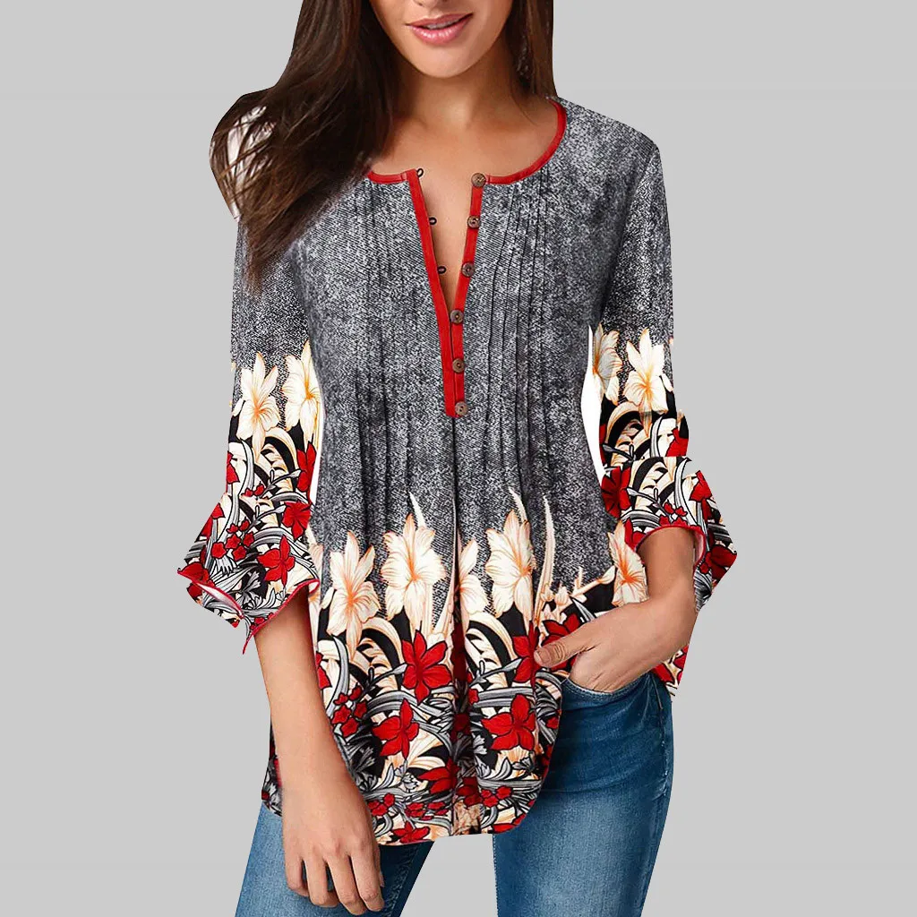 

2019 Printed Women's Shirt Blouse 3/4 Sleeves Pleated Tops and Blouses Womens 2019 Summer Fashion Shirts Plus Size