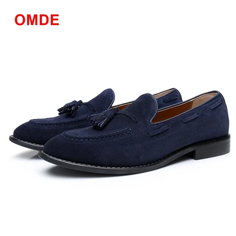 

OMDE Blue Suede Tassel Loafers Handmade Slip On Leather Shoes Casual Flats Fashion Mens Loafers Men's Party And prom Shoes