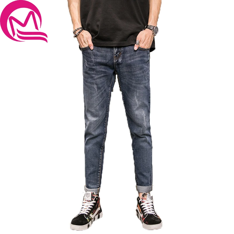

MQ side zipper design summer stretch Mens Ripped Biker Jeans Demin Pants Motorcycle Slim Fit Washed elastic hole trousers N1084