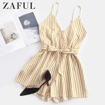 

ZAFUL Striped Surplice Cami Romper Casual Brief Regular Striped Female Backless Playsuits Urban Shorts Summer Women Jumpsuits