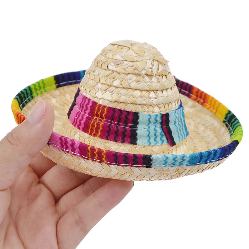 New Multicolor Pet Straw Hat Dog Cat Mexican Straw Sombrero Hat Pet Adjustable Buckle Costume dropship