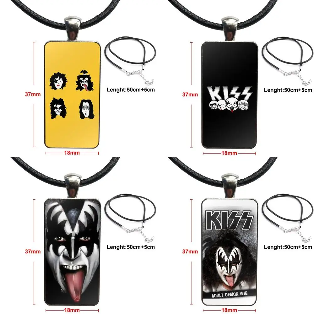 

For Women Steel Color Glass Cabochon With Rectangle Shaped Pendant Choker Necklace Kiss Let's Rock Band