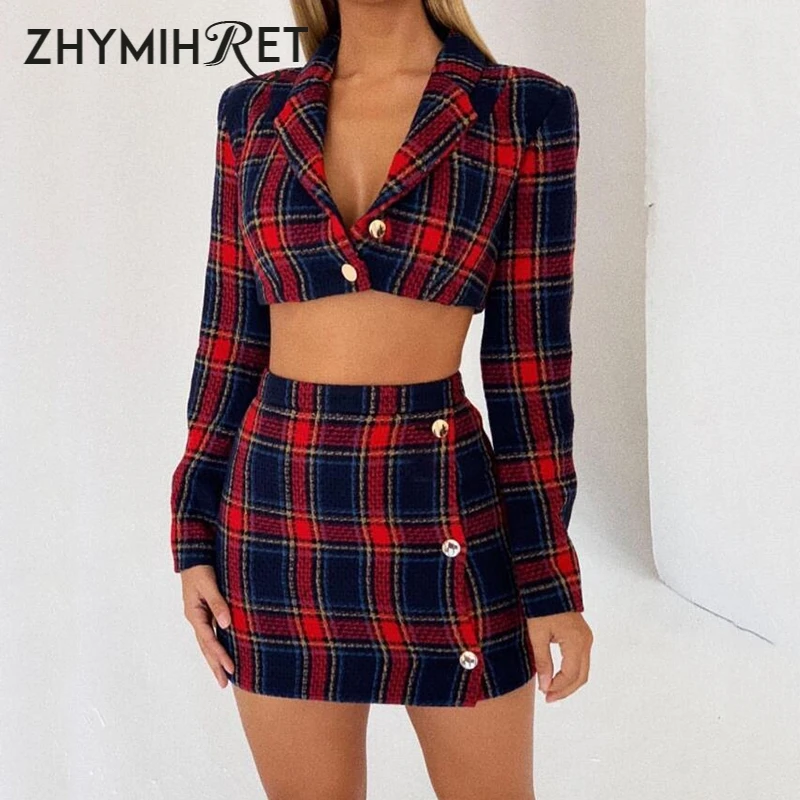Acheter ZHYMIHRET automne hiver 2 pièces ensemble robe à carreaux haut court femmes à manches longues veste et jupe crayon deux pièces ensemble ensembles assortis