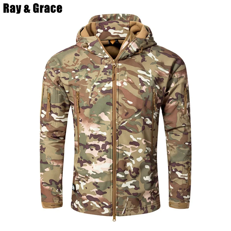 

RAY GRACE Men's Softshell Jacket Tactical Waterproof Jacket Men Camouflage Hunting Outdoor Winter Fleece Thermal Hiking Jacket