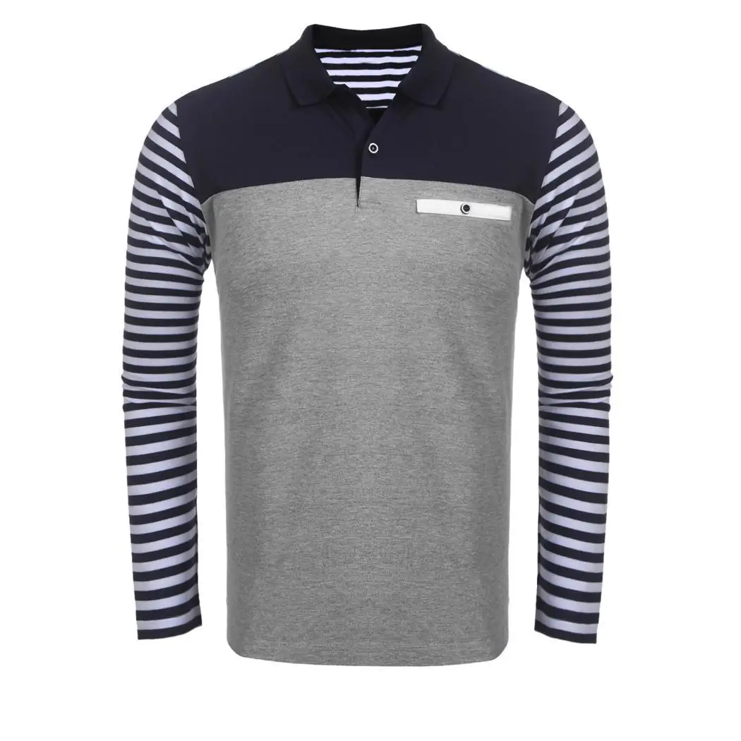 CONFANDY Men Button Polo Shirts Long Sleeve Striped Pattern Constract Color Fit Male Shirt 