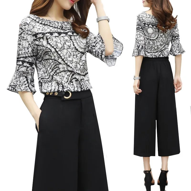 Qpipsd 2018 Lente mode vrouwelijke set grote maat trainingspak voor vrouwen zomer chiffon top cropped breed been broek 2 stuk set vrouwen Qpipsd 2018 Lente mode vrouwelijke set grote maat trainingspak voor vrouwen zomer chiffon top cropped breed been broek 2 stuk set vrouwen