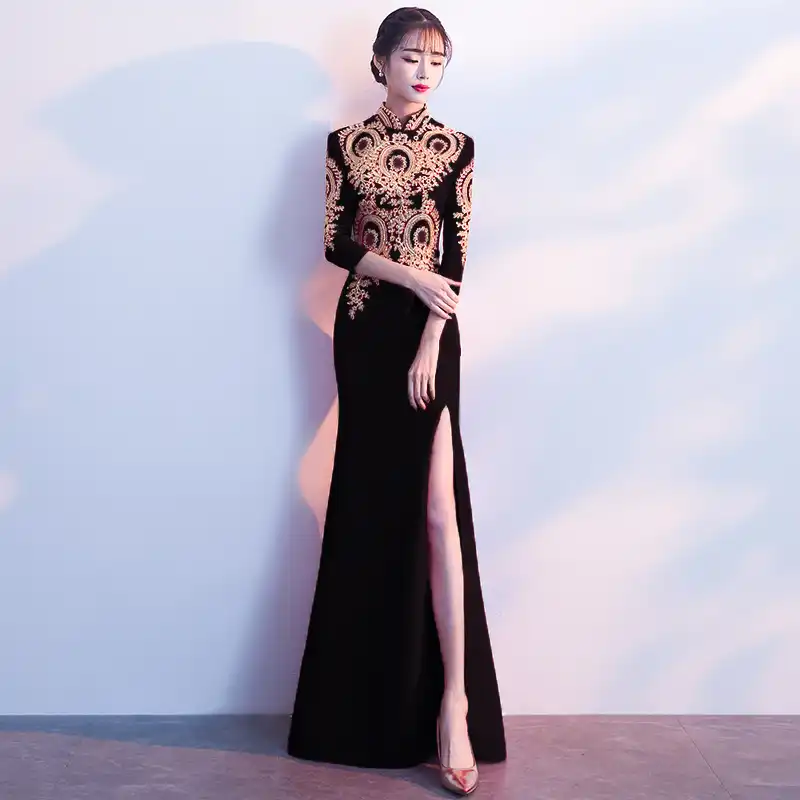 Vestido De Boda China Moderno Negro Cheongsam Sexy Cuello Oriental Vestido De Noche Tradicional Qipao Vestido Chino Bordado Largo Negro Cheongsam Vestidos Chinoschino Vestido De Boda Aliexpress