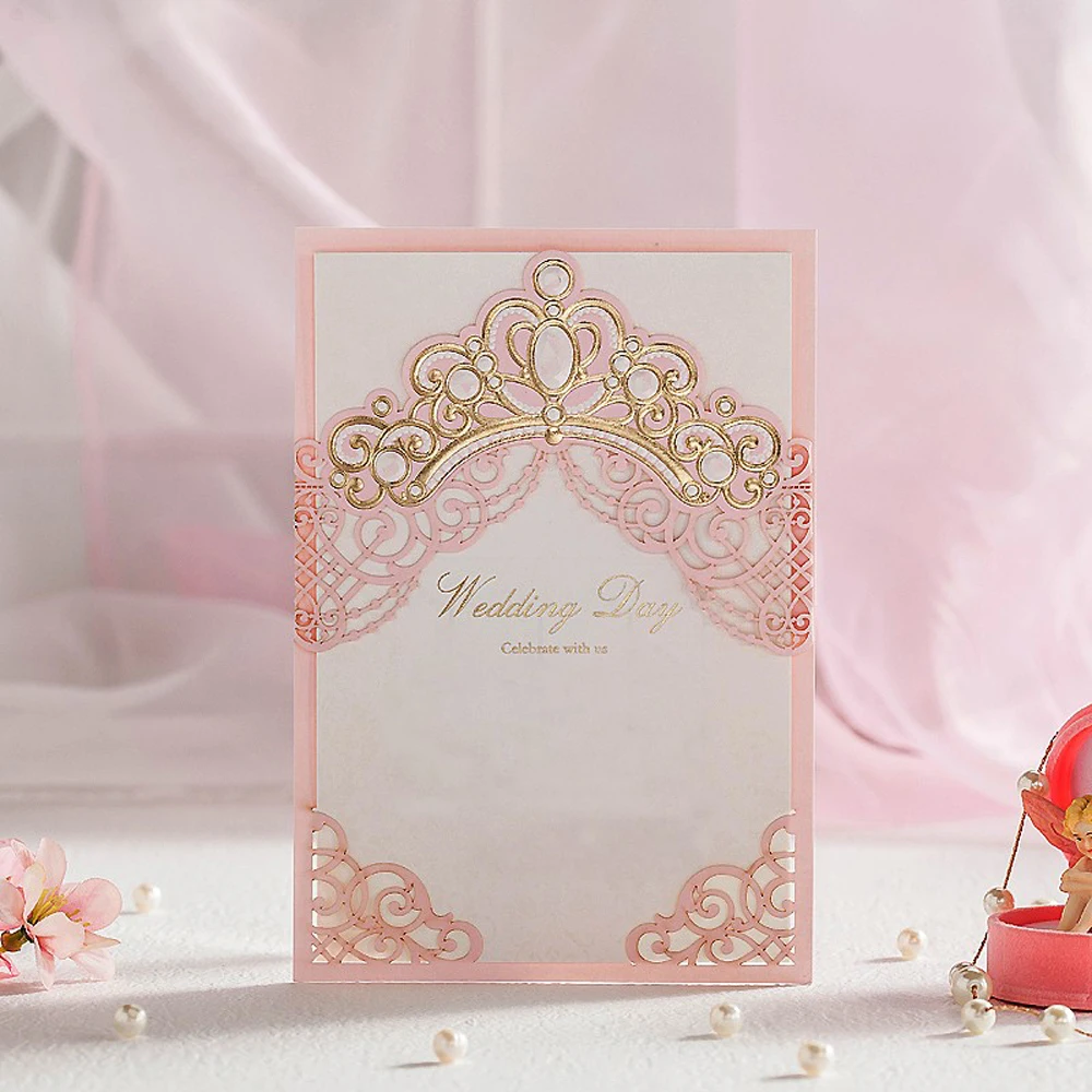 

Wishmade 1pcs Sample Card Royal Pink Laser Cut Wedding Invitations Card With Gold Embossed Hollow Flora Design for Bridal Shower