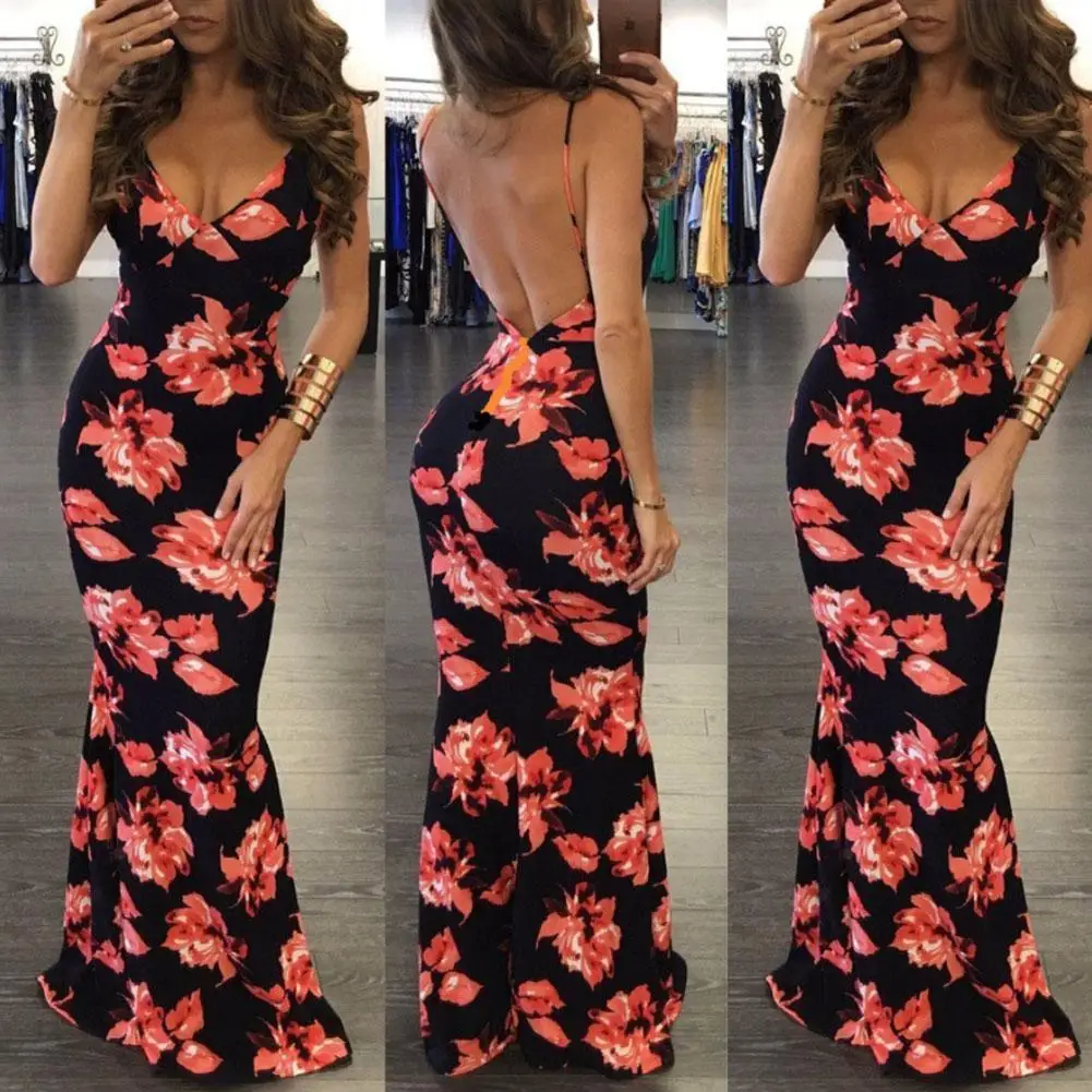 

New Party Sexy Women Flower Print V Neck Backless Spaghetti Strap Bodycon Maxi Dress