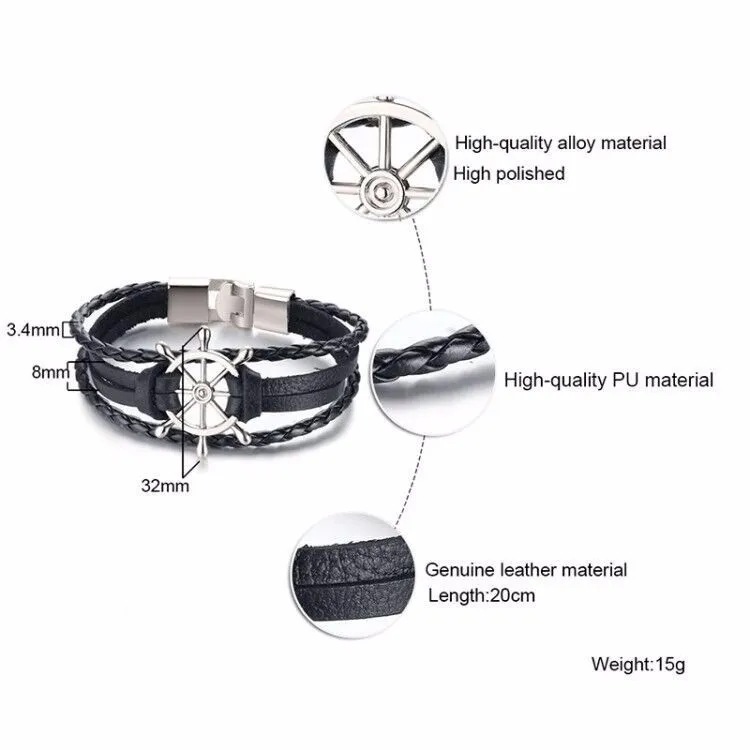 Leather Bracelet Leather Bangle Men Sailor Rudder Multilayer Leather Bracelet Nautical Bangles for Men