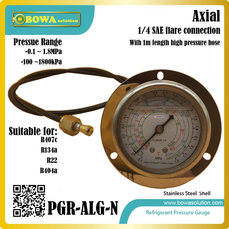 

1.8MPa refrigerant Pressure Gauge with 1m length high pressure hose is suitable for kinds of fridge equipments or brine units