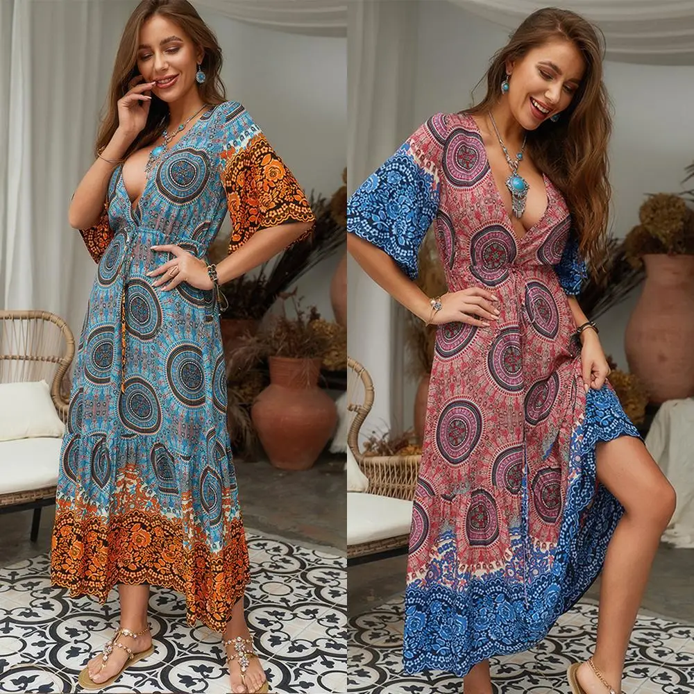 Vacation Women Dress Ladies Beach Summer Half Sleeves Maxi Fashion Ankle Length A Line Dress Print Swing Boho Dresses