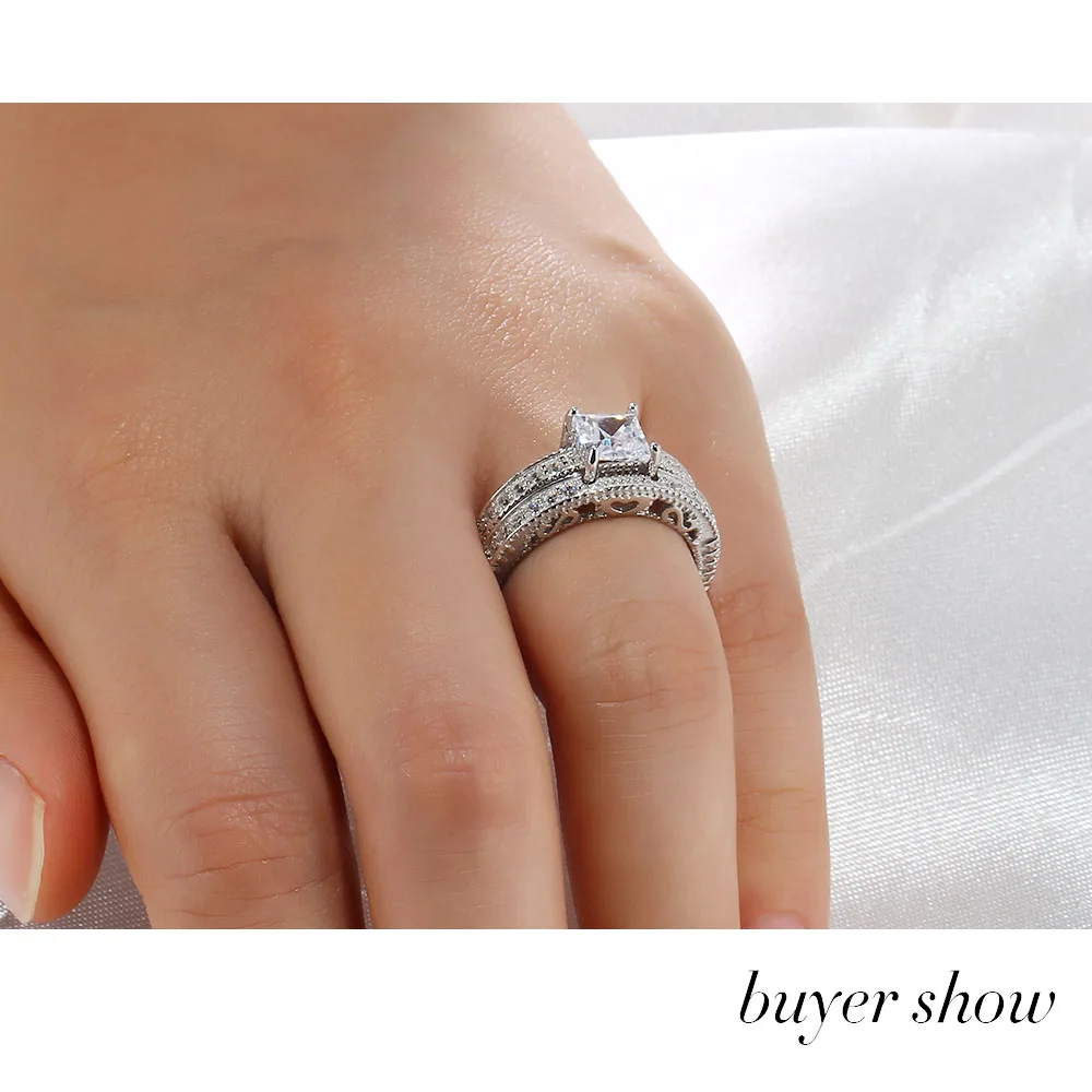 Luxurious Engagement 6mm Square Cubic Zirconia Wedding Ring Bridal Sets 925 Sterling Silver Rings For Women (JewelOra RI101614)