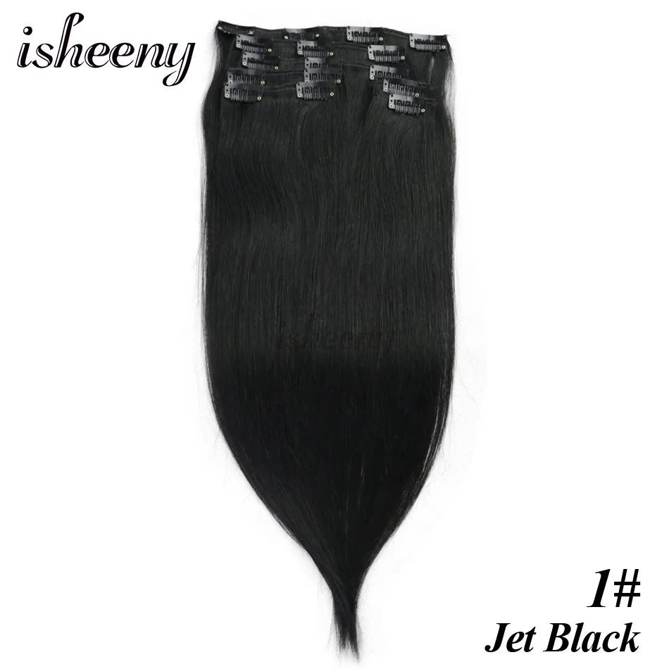 Isheeny Jet Black 7 шт./компл. Реми Клип в полной головке 14 "16" 18 "Клип пряди человеческих волос для наращивания прямые волосы