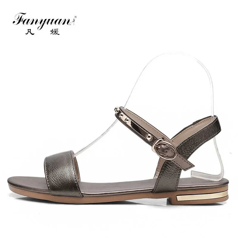 

Fanyuan Simple Design Women's Flat Sandals Genuine Leather Ladies Shoes 2018 Sandals Summer Crystal Buckle Strap Zapatos Mujer
