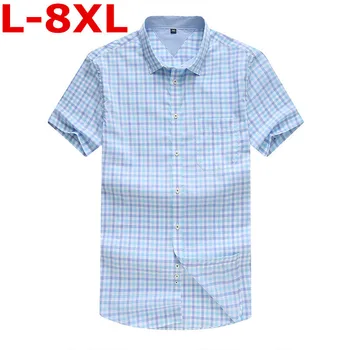 

2018 Plus size 8XL 7XL 6XL New Summer Mens Cotton Dress Shirts Short Sleeve Plaid Pattern Business Formal Shirt Male Camisa Male