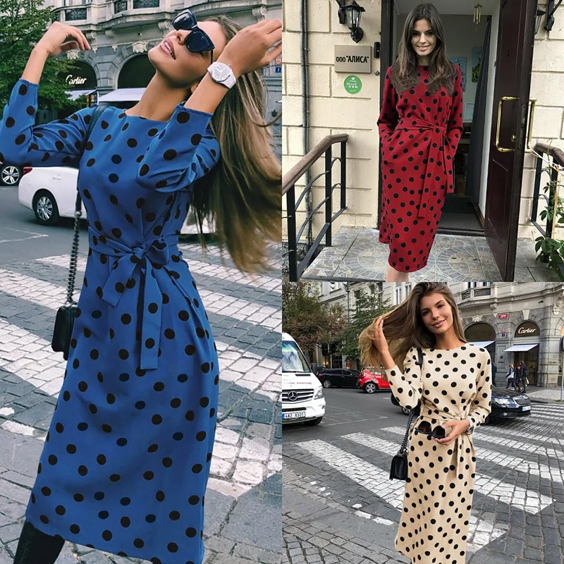 

Magiray Long Sleeve Dot Print Elegant Long Dress Women 2019 Spring Summer Red Streetwear Runway Cocktail Midi Party Dress C38