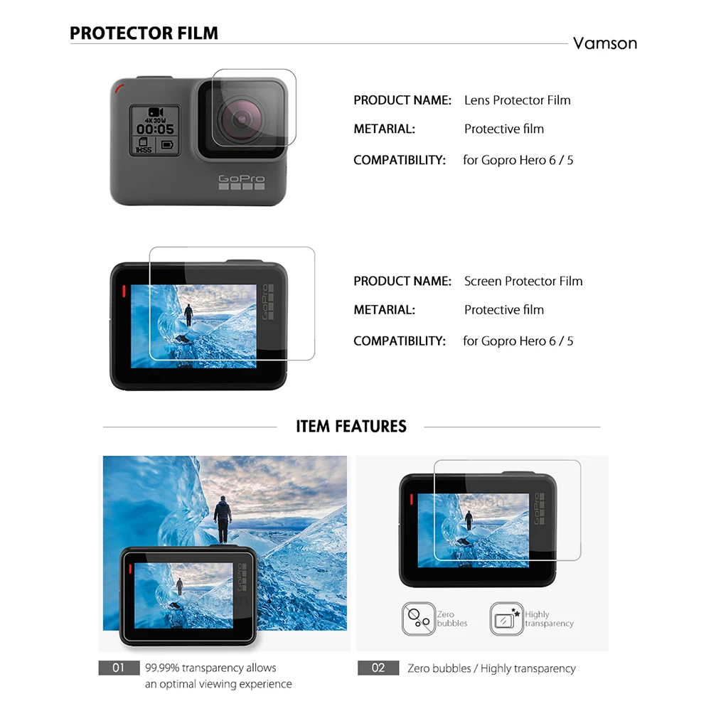 Комплект аксессуаров Vamson для Gopro Hero 7 6 5 протектор экрана/протектор объектива