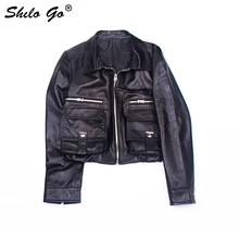 Кожаная куртка Женская Осенняя мода Овчина натуральная кожа куртка lape передний карман молния черное пальто с длинными рукавами