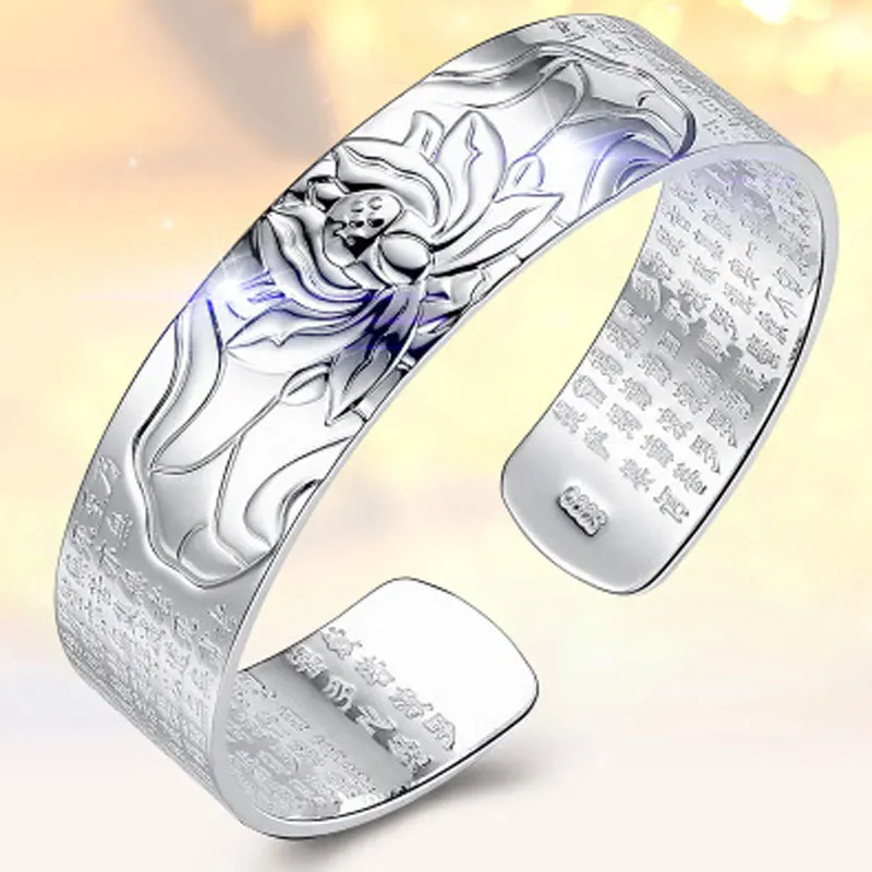 

RADHORSE 999 Silver Bangles for Women Fine Jewelry Lotus Heart Sutra Modeling Classic Style adjustable Bangles