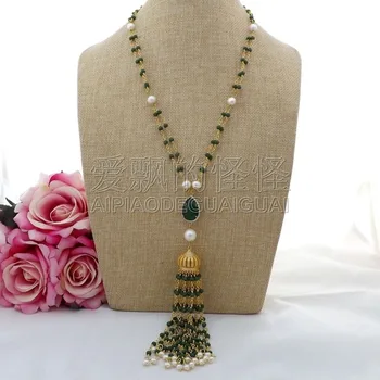 

N083002 22" White Keshi Pearl Green Crystal Necklace CZ Pendant