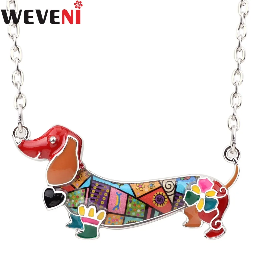 

WEVENI Statement Alloy Enamel Happy Dachshund Dog Choker Necklace Pendant Chain Collar 2017 New Animal Jewelry For Women Girl