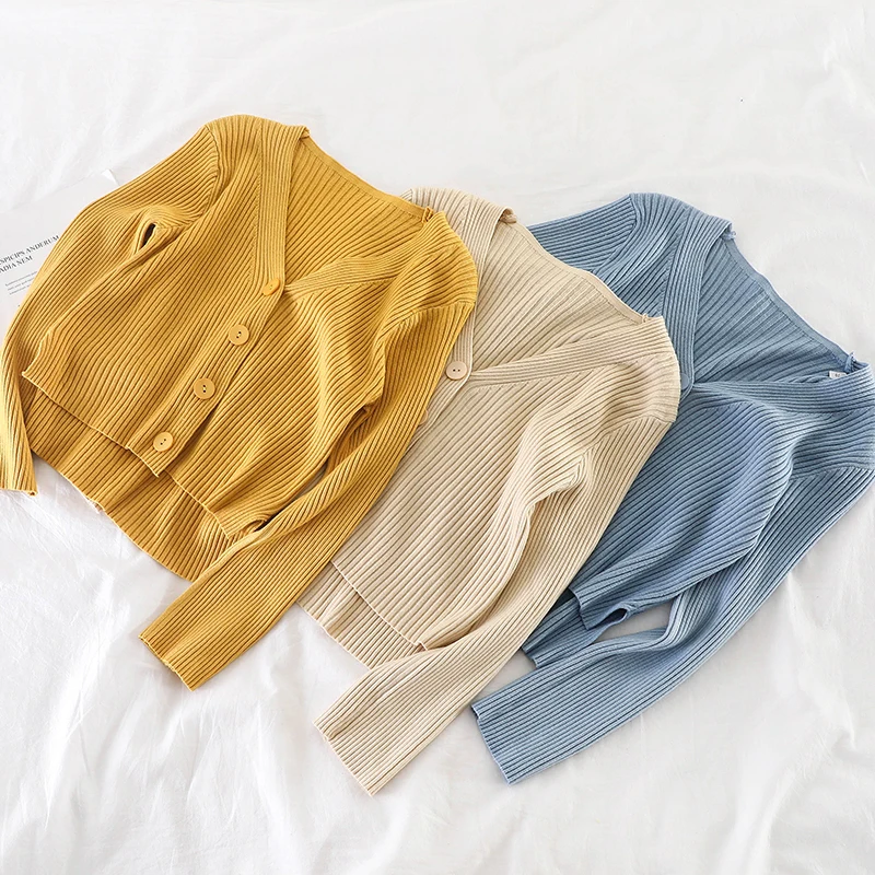 

Elegant Women V-neck Long Sleeve Basic Cardigan Button Striped Knitted Shirt Vintage Short Elastic Slim High Waist Blouse Tops