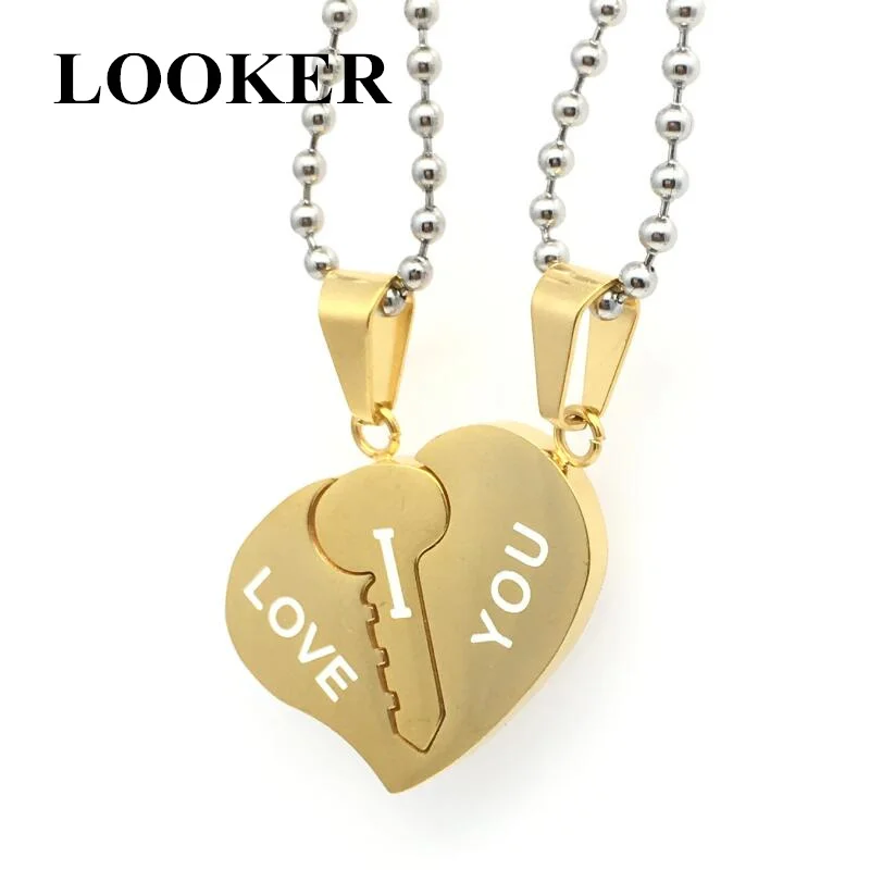 LOOKER His & Hers Matching Chain Stainless Steel "I Love You" Key Heart Couples Pendant Necklace