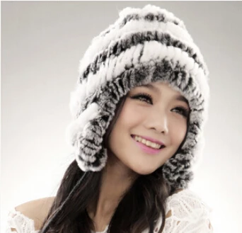 Горячая Распродажа дешевая зимняя теплая Защитная шапка с ушками, вязаная шапка из натурального кроличьего меха, женская зимняя меховая шапка - Цвет: grey white