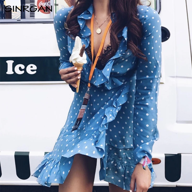 

SINRGAN Long Sleeve Blue Ruffles A-Line Polka Dot Dress Spring Autumn 2019 Vintage Boho Beach Sunwear Sexy Vestidos Dress