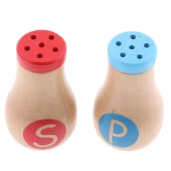 2pcs Pretend Role Play Salt & Pepper Powder Jars Wooden Kids Children Toy