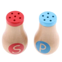 2 peças fingir papel jogar, sal & pimenta pó frascos de madeira crianças brinquedo