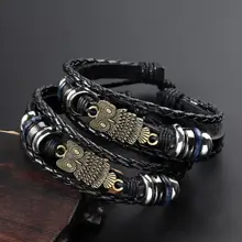Модные богемные мужчины сова кулон Многослойная искусственная кожа Плетеная браслет ювелирные изделия подарок